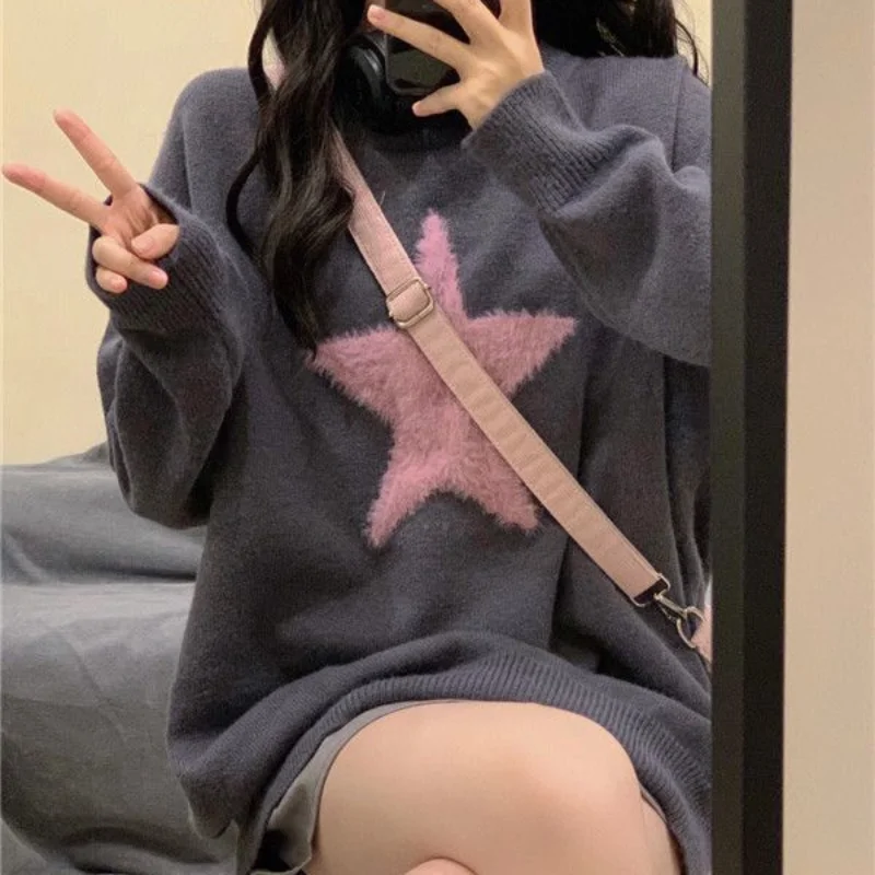 

Deeptown Preppy Style Star Grey Sweater Women Vintage Korean Oversize Knitted Top Harajuku Fashion Aesthetic Long Sleeve Tops