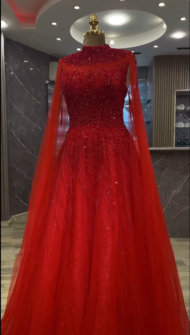 FATAPAESE Arabic Sparking Stone Gems Embellishments that Adorn Red Dress Long Sleeves For Formal Occasion