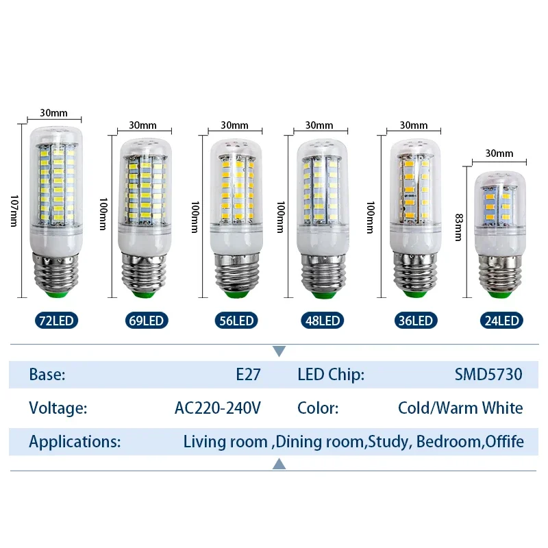 Led Light 10pcs/lot E27 Led Lamp AC 220V Corn Bulb 24 36 48 56 69 72leds SMD5730 E14 Chandelier Lighting