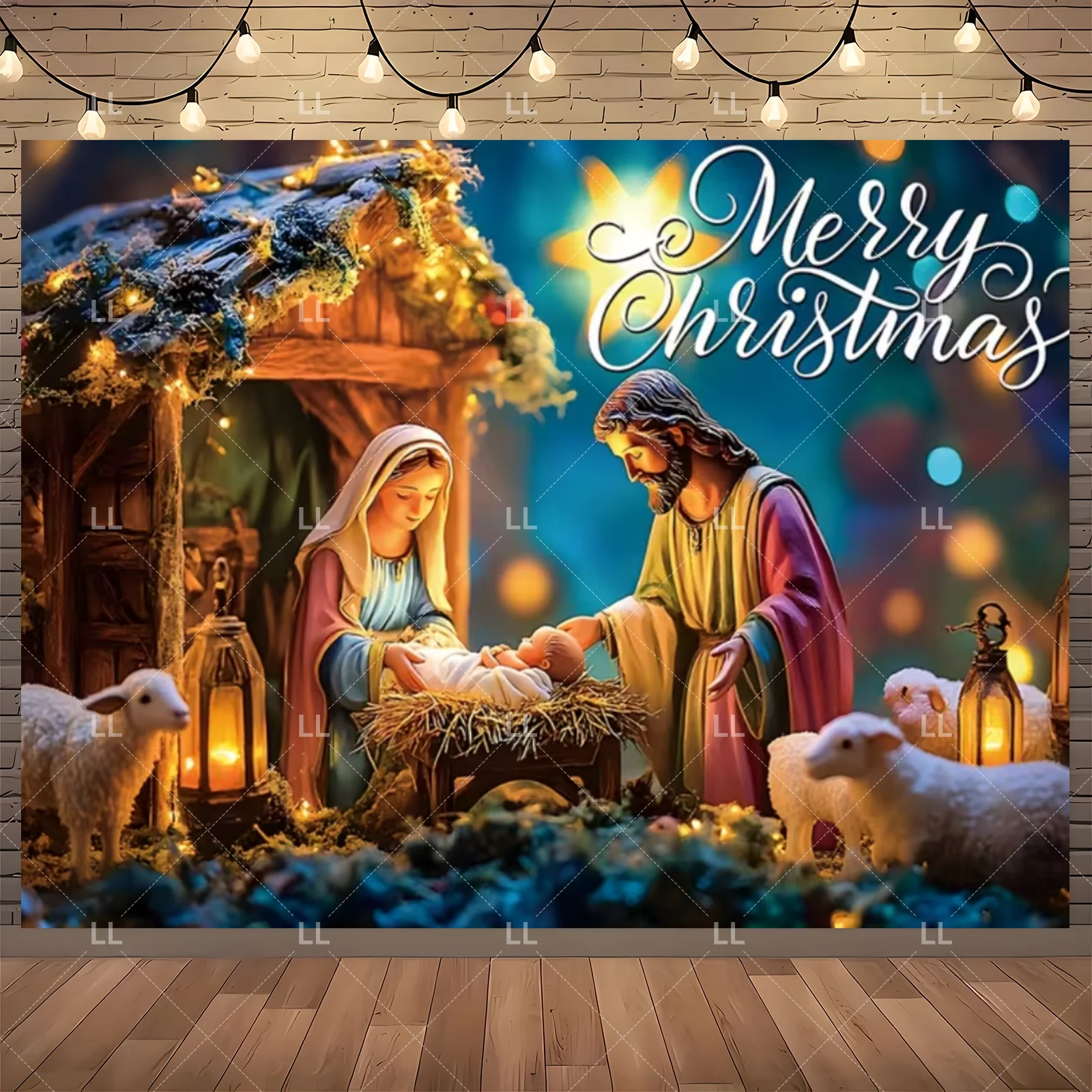 Starry Night Nativity Scene Backdrop - Traditional Christmas Party Decor and Photo Prop