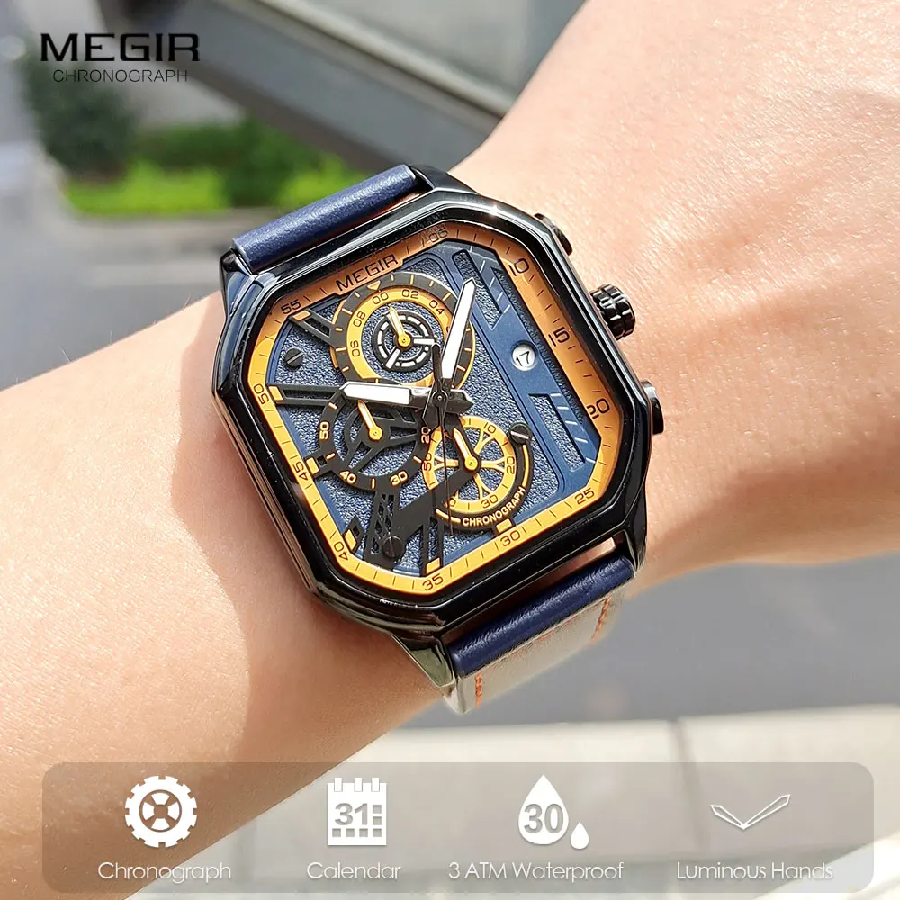 Megir-relógio de Quartzo Militar Masculino com Mostrador Quadrado Cronógrafo Analógico Relógio de Pulso Esportivo Pulseira Azul e Laranja Moda 8106 - Image 5