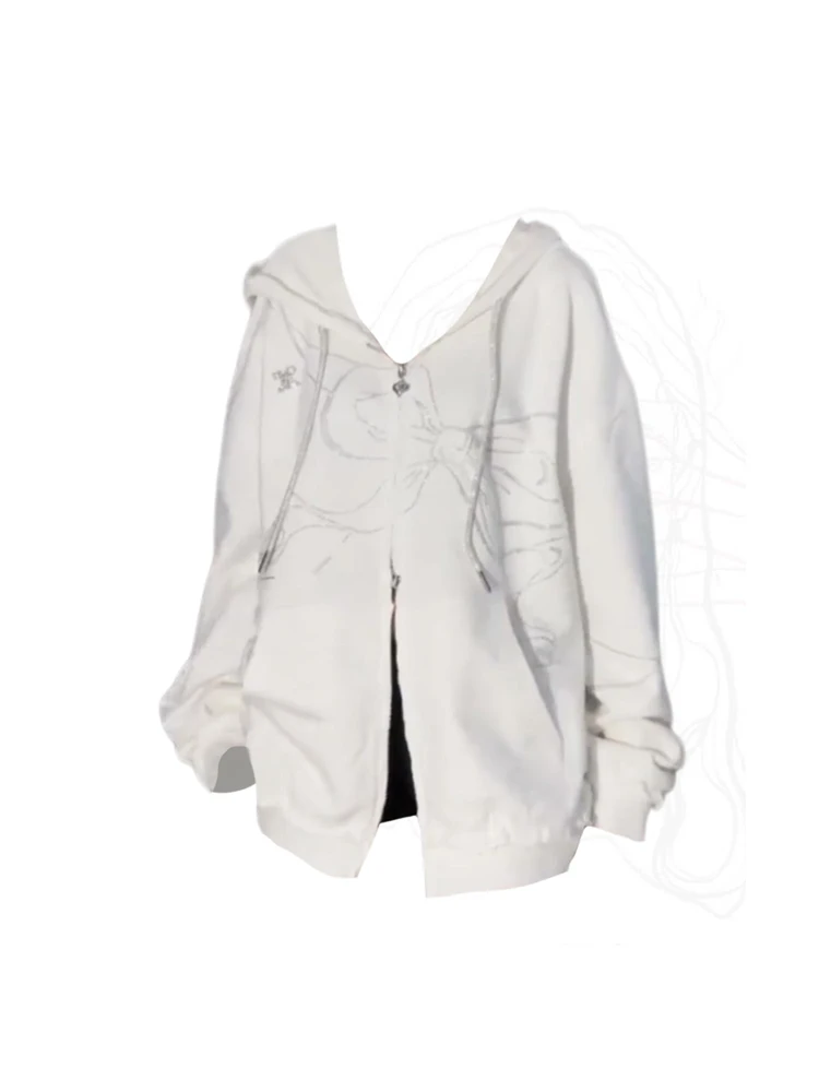 

2023 Autumn Winter Women Korean Y2k Vintage Simple White Pullover Hoodies Streetwear Design Casual Print Sweatshirts Fashion