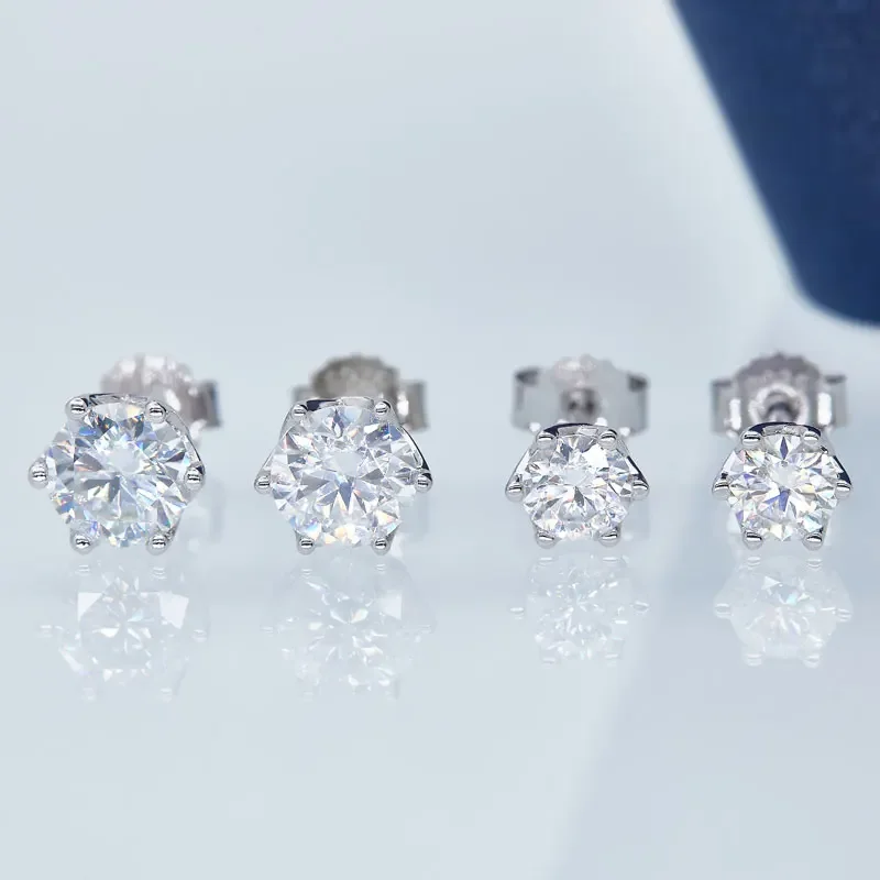 Round Cut 2 Carats Moissanite Earrings For Women Solid 925 Sterling Silver Stud Earring Six Claws Classic Fine Jewelry Gift
