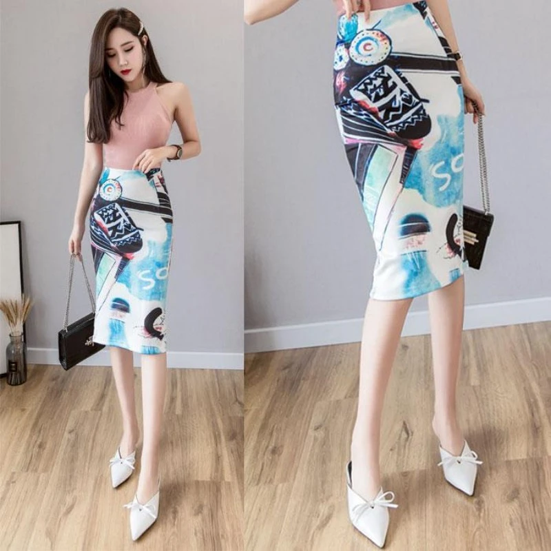

Women's 2020 High-Waisted Slim-Fit Printed Mid-Length Back Slit One-Step Skirt for Commuter office skirt faldas A-Line Print