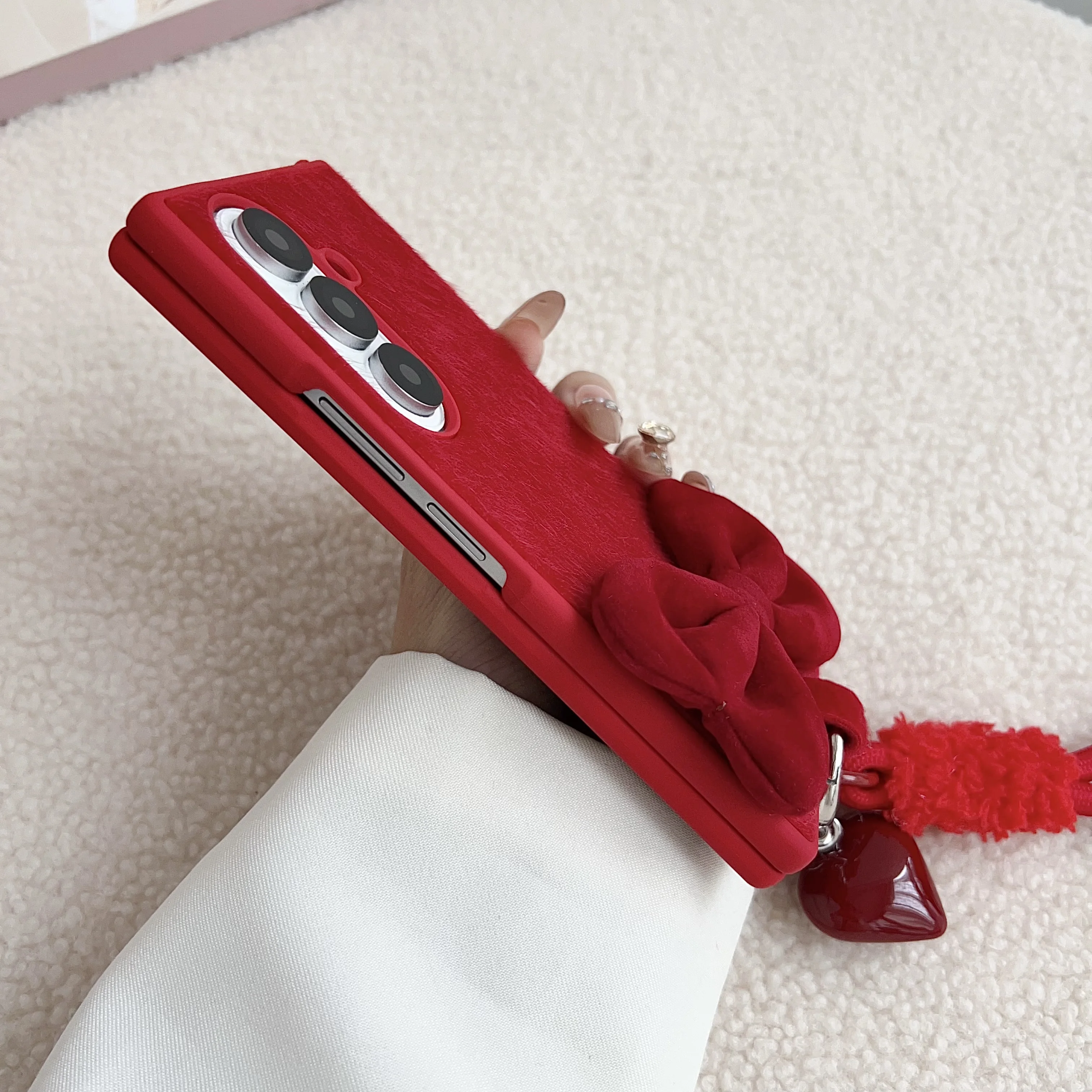 Plush Heart Pendant Fold Phone Case with 3D Bow and Rope Strap