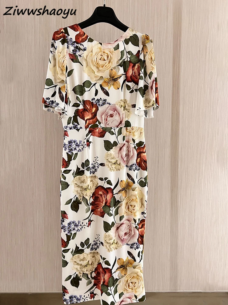 

High Quality Summer Women Fashion Runway Designer Short Sleeve Multicolor Ditsy Printed Elegant Ladies Midi Pencil Dresses