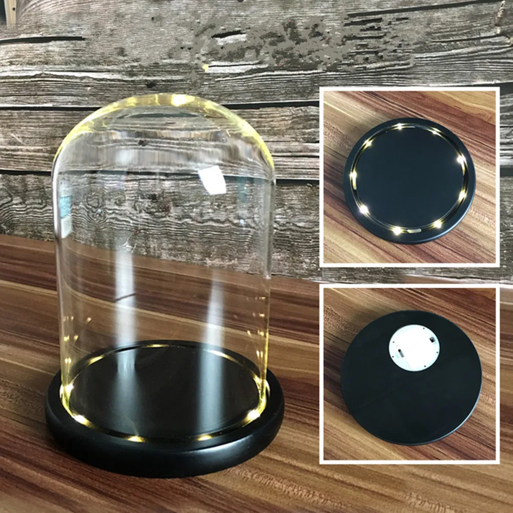 Blowing Crafts Home Decoration Eternal Flower Glass Cover with Warm White Light Dust Cover Ornaments Black Base Height 35cm