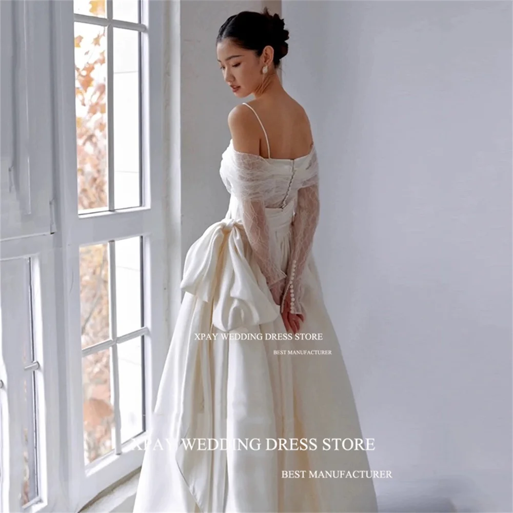 XPAY V Neck Spaghetti Straps Korea Wedding Dresses A Line Satin Bridal Gown Photos Shoot Corset Backless Pleat Lace Bride Dress 4