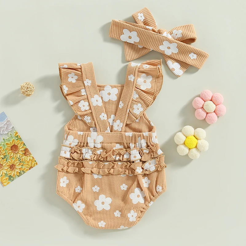 

Baby Girls Cute Playsuits Ruffled Bodysuit Headband Fly Sleeve Romper Floral Print Jumpsuit Infant Summer Clothes