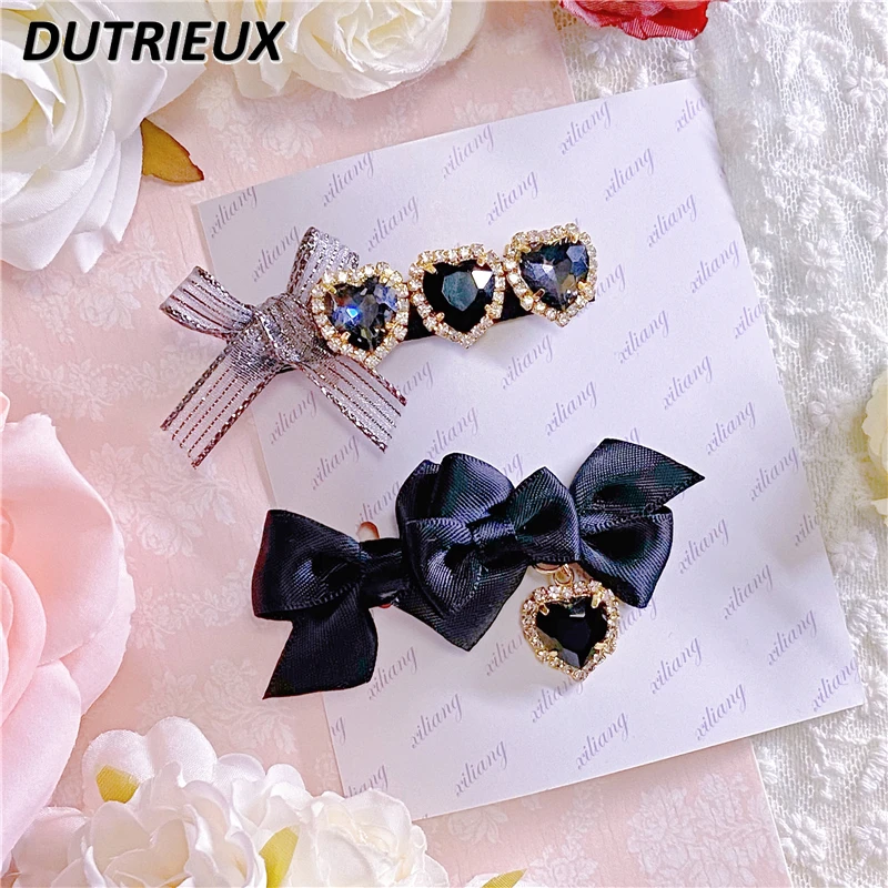 

Handmade Lolita Hairpin Sweet Cute Cool Love Rhinestone Bow Lady Headwear Mine Series Side Clip Fringe Accessories for Women