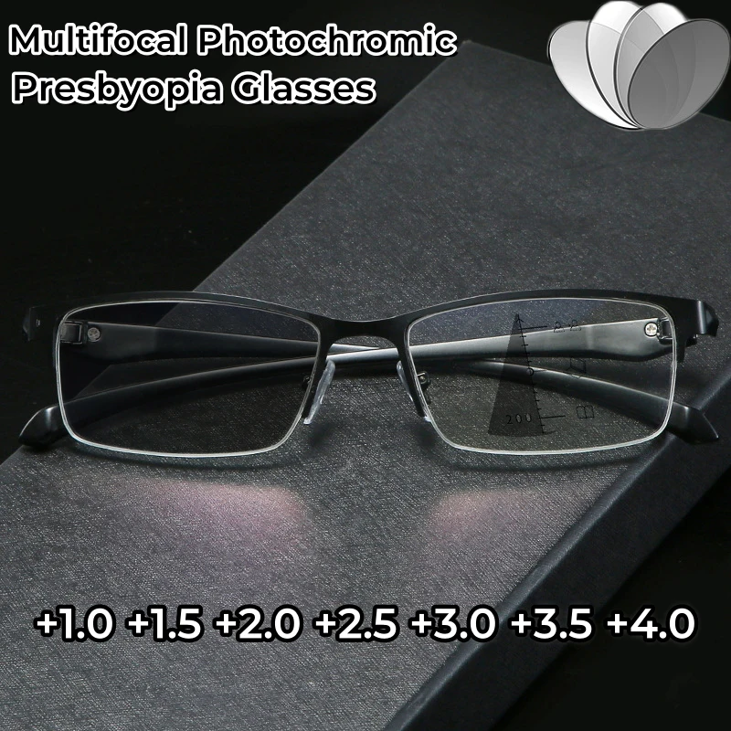 

Anti-blue Light Far Sight Progressive Multifocal Glasses Photochromic Reading Glasses Men Half Frame Business Presbyopia Glasses