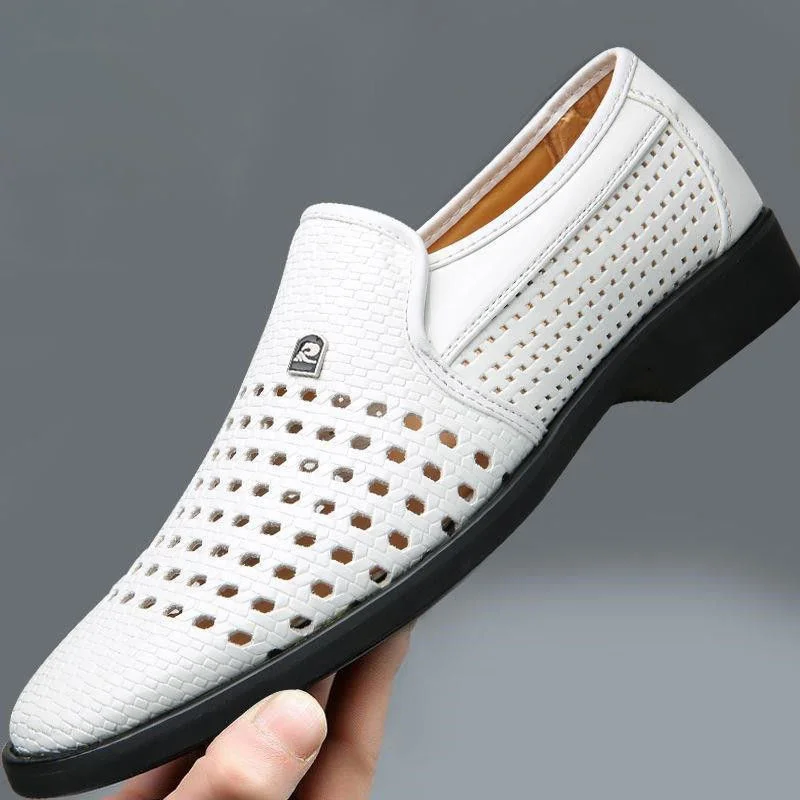 Leather Shoes Summer New Style White Mens Dress Shoes Hollow Out Business Mens Summer Dress Sandals Slip on Flat Shoes
