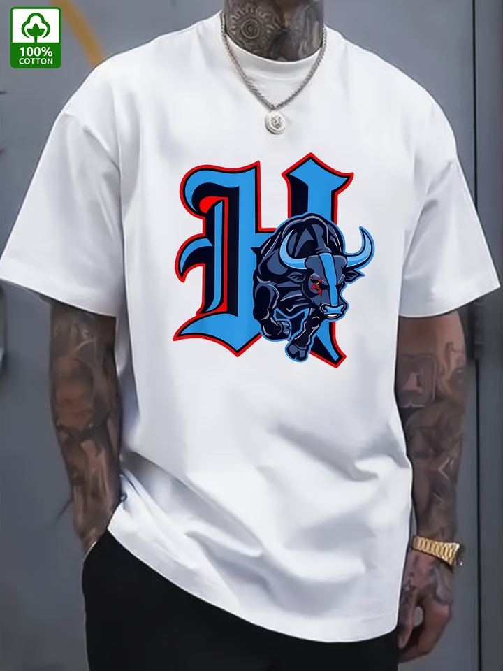 Men's summer 100 pure cotton fashionable casual loose bold bull pattern printed sports round neck short sleeved T-shirt top