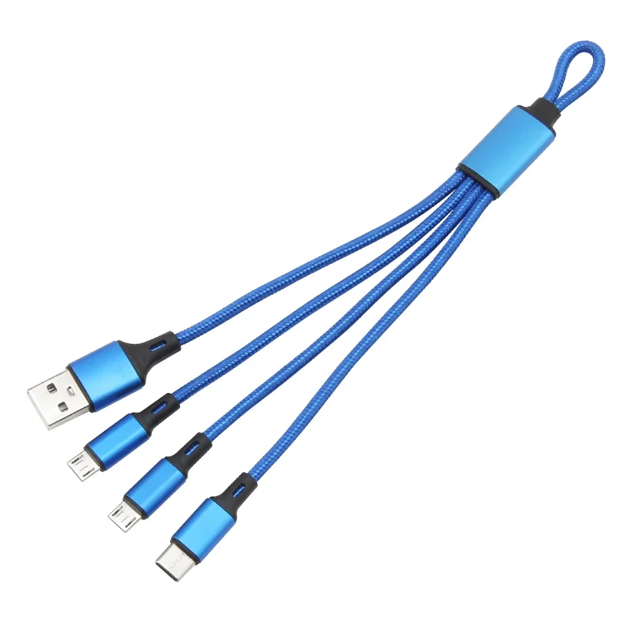 아이폰용 짧은 3 in 1 USB 케이블, 삼성 안드로이드 휴대폰, 나일론 마이크로 USB C 타입 멀티 키체인 라인 충전 코드 와이어