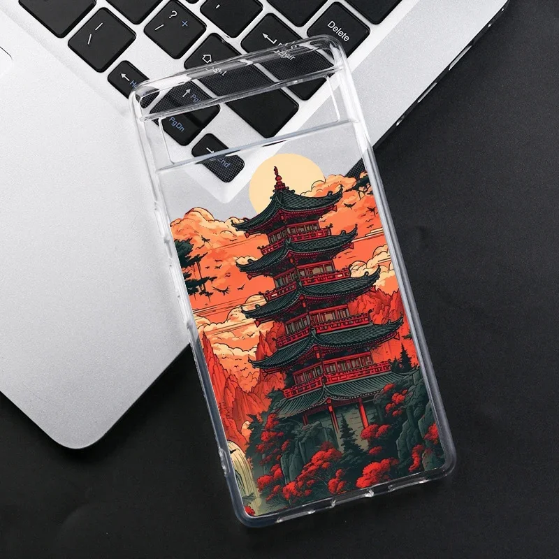 Japan Anime Sakura Train Landscape Phone Case - Temple Print Clear Soft TPU Cover