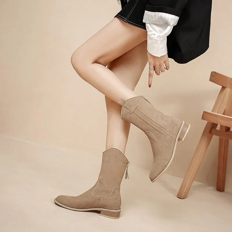 Winter New Leather Round Head Solid Color Comfortable and Warm Back Zipper Women Fashion Boots Mid Sleeve Women's Boots 2023