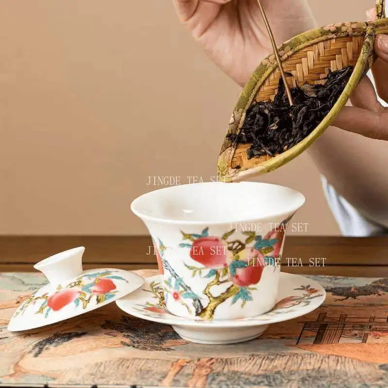 Peach Can Hover and Cover The Bowl Household White Porcelain Three Piece Lid Bowl Chinese Style Tea Bowl Tea Set Accessories