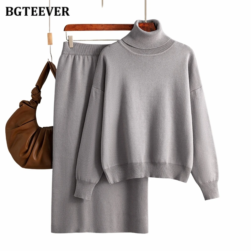 BGTEEVER Casual Loose Female Knitted Skirts Outfits Turtleneck Pullovers Ladies Hip Package Skirts Autumn Winter Sweater Set Wom