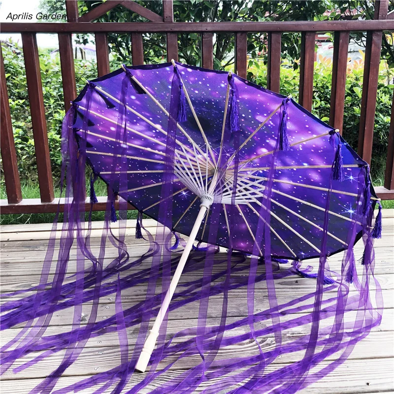Purple Hanfu Oiled Paper Umbrella with Antique Tassels and Ribbons