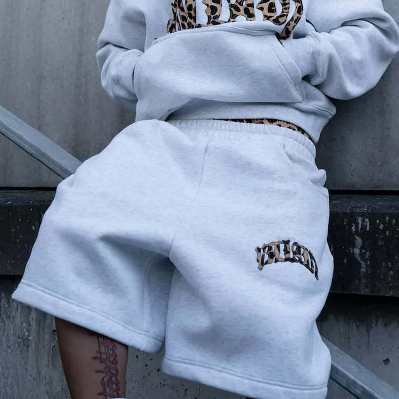 Summer American High Street Fashion Leopard Print Letter Patchwork Double Waistband Shorts Y2K HipHop Loose Straight Rock Slacks 1