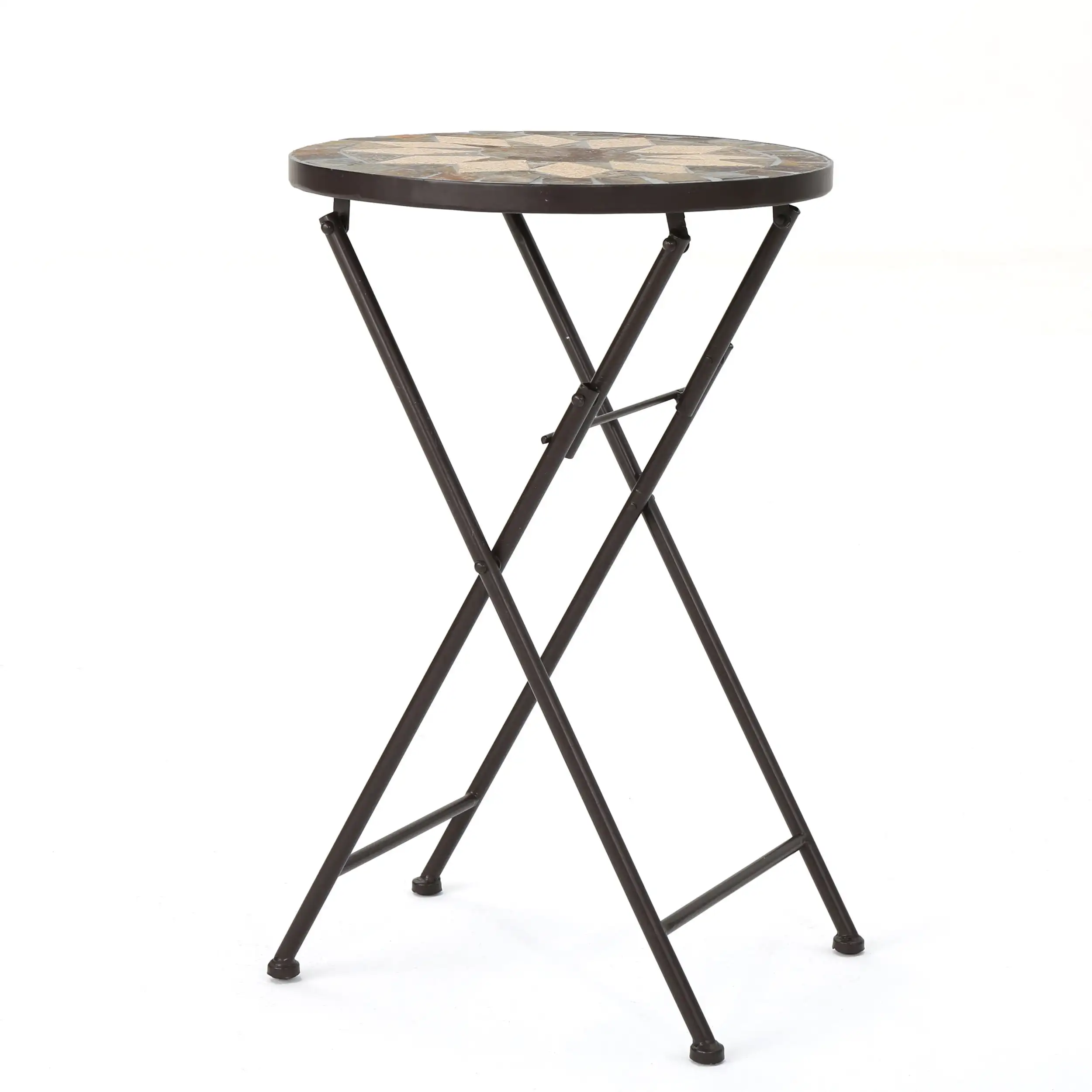 

Owen Outdoor Stone Side Table with Iron Frame, Beige and Black