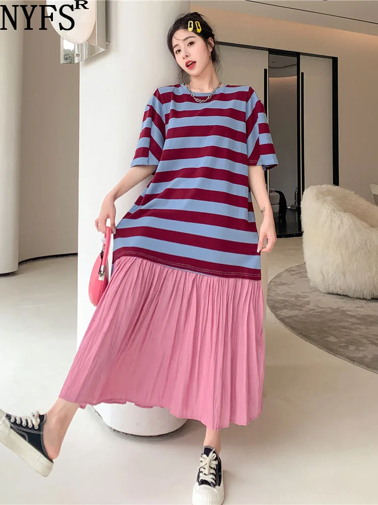 

NYFS 2024 Summer New Korea Woman Dress Vestidos Robe Elbise Loose Plus Size False Two-Piece Cotton Stripe Patchwork Long Dresses