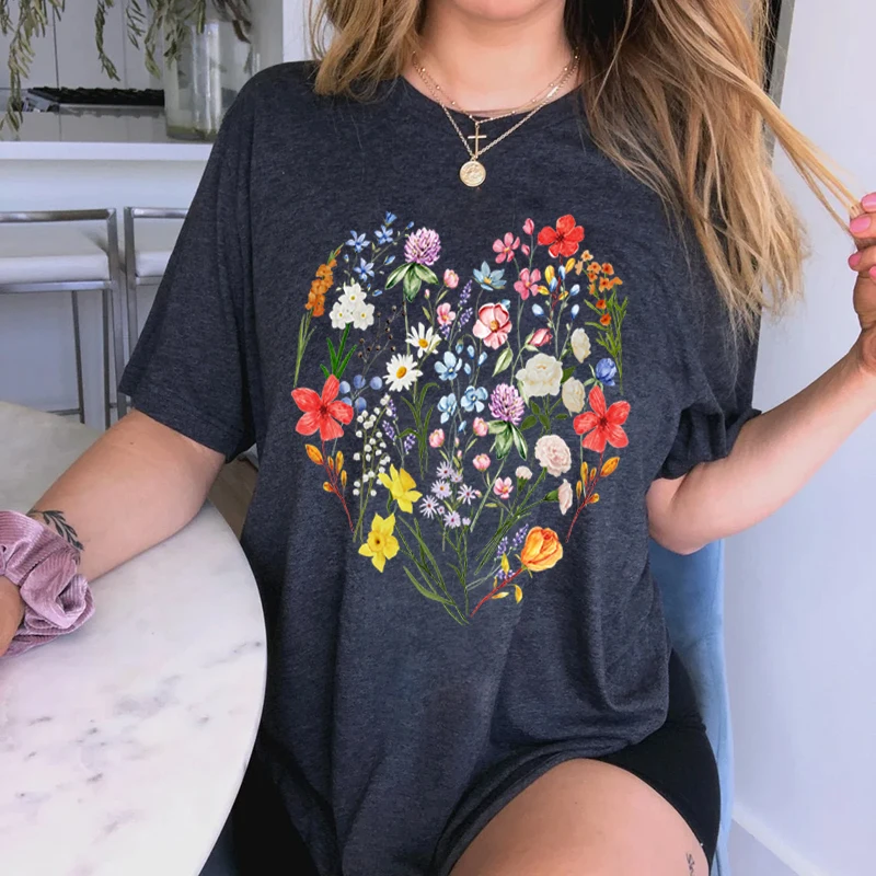 Y2K Camicie Graphic A Heart Composto Da Fiori Donna Casual Top E Camicette Vintage Wild Flower High Street Felpe Donna