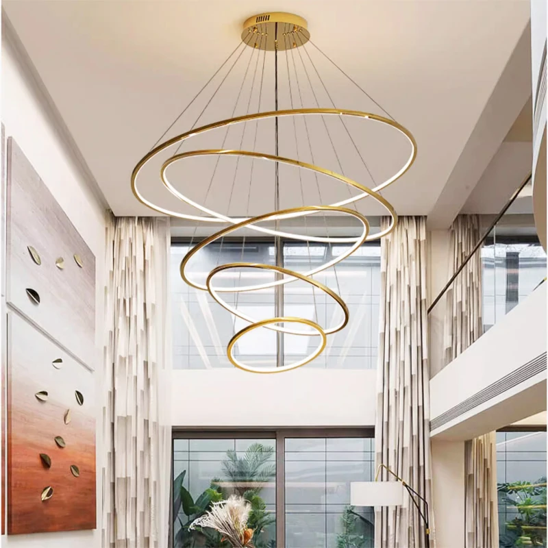 Ring lamp LED chandelier dining room bedroom duplex floor living room large chandelier staircase loft stainless steel metal rings metal rings for decoration