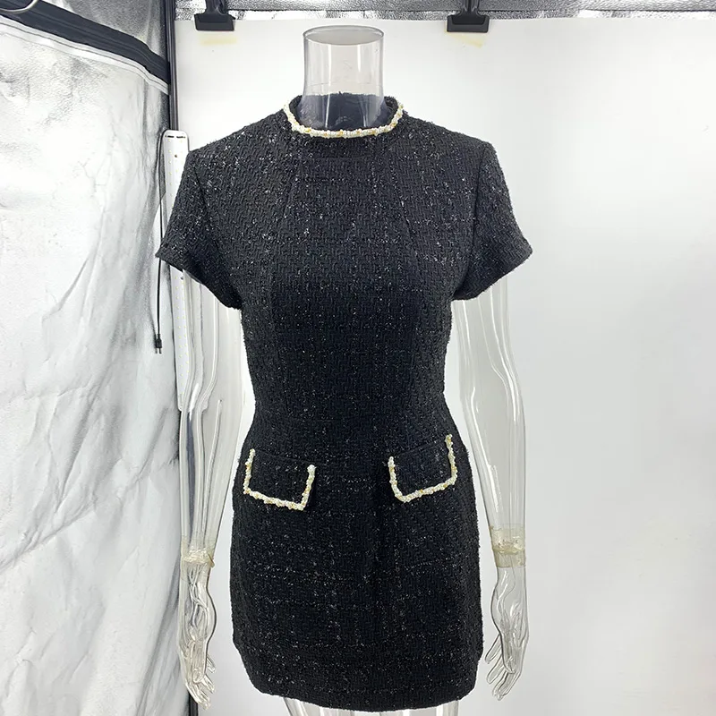 Elegant Tweed Mini Dress Women Square Collar Long Sleeve Shoulder Pads Dresses Female Autumn Lady HighStreet Robes