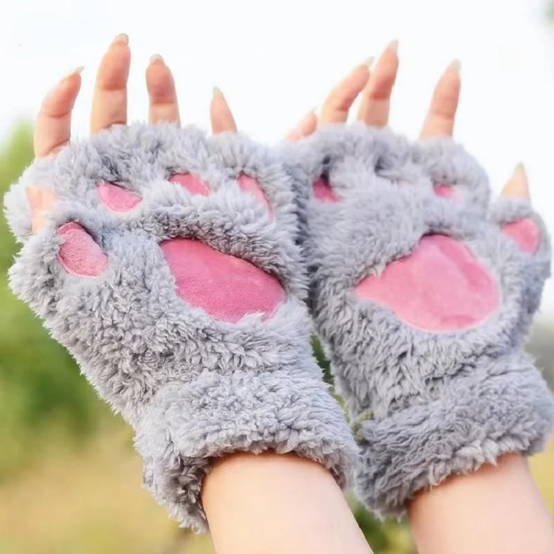 Winter Thickened Fluffy Bear Paw Half Finger Gloves Cute Cartoon Cat Paw Open Finger Gloves for Girls
