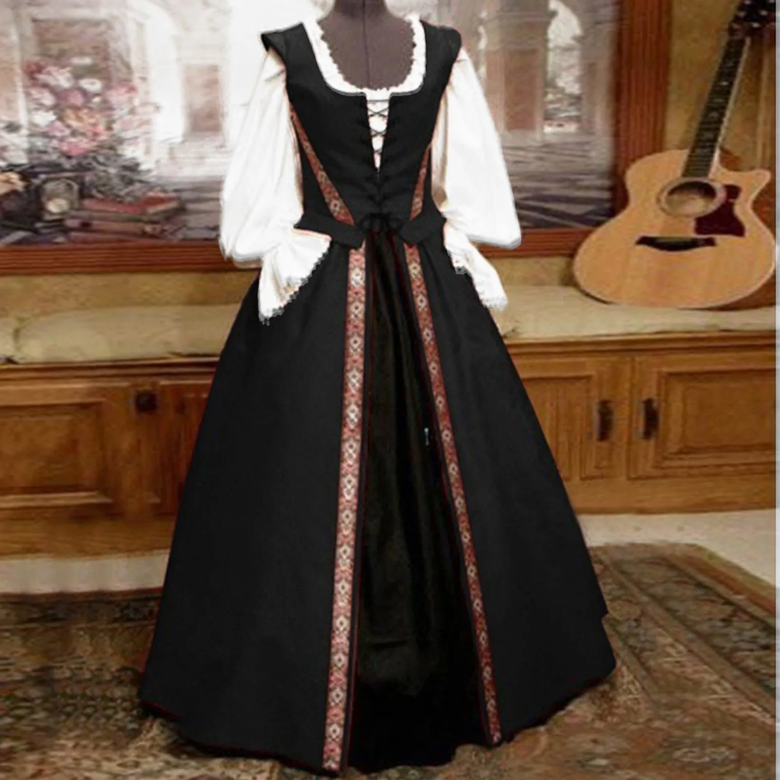 

Women'S Court Style Dress Fashion Big Swing Vintage Long Sleeve Square Neck Waist Wrap Two Piece Dress Medieval Punk Dress Cos