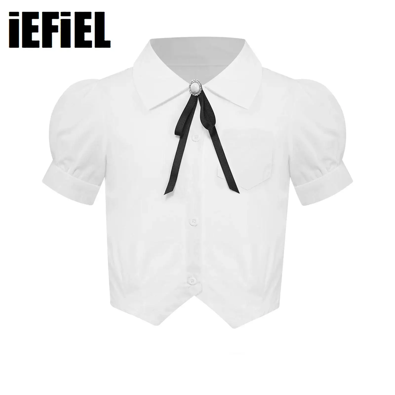 

White Casual Cute Shirt for Kids Girls Short Sleeve Solid Color Turn-Down Collar Bowknot Blouse Button Tops