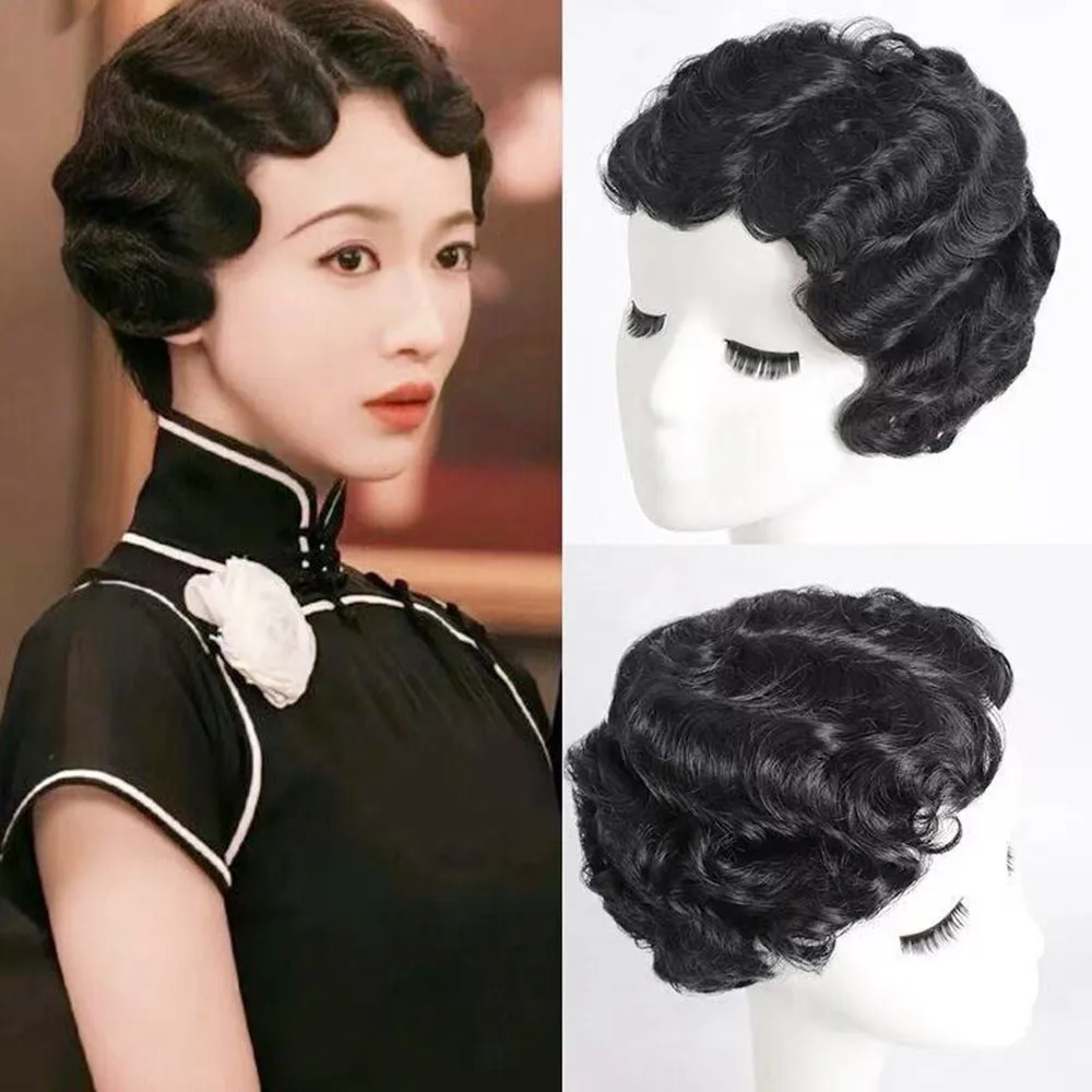 1920년대 플래퍼 블랙 가발 핑거 웨이브 레트로 곱슬머리 짧은 합성 가발 여성..