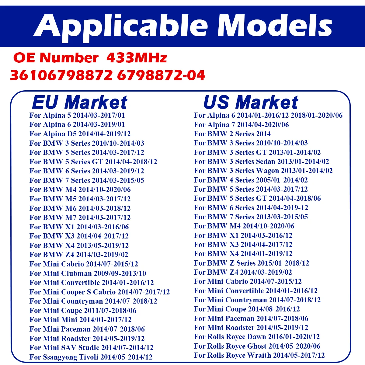 6798872-04 Ÿ̾ з  , BMW 3 5 6 7 ø M4 M5 M6 M7 X1 X3 ǳ 5 6 ̴ Ʈ 36106798872 433MHz