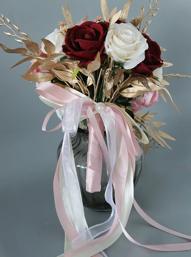 Burgundy&Blush Silk Rose Flowers Wedding Bouquets for Bride Cascading Bridal Bouquet for Wedding Ceremony Party Church Decor