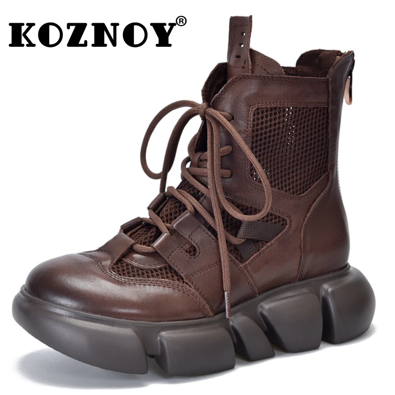 

Koznoy 5cm Air Mesh Genuine Leather Boots Chimney Moccasins Fashion Summer Motorcycle Sandals Hollow Ankle Booties Women Shoes