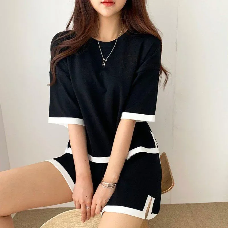 Korean Style Tracksuit Knitted Suit Summer Short Trouser+short Sleeve O-neck Pullover Shirt Fashion Shorts Suit Women Tracksuits