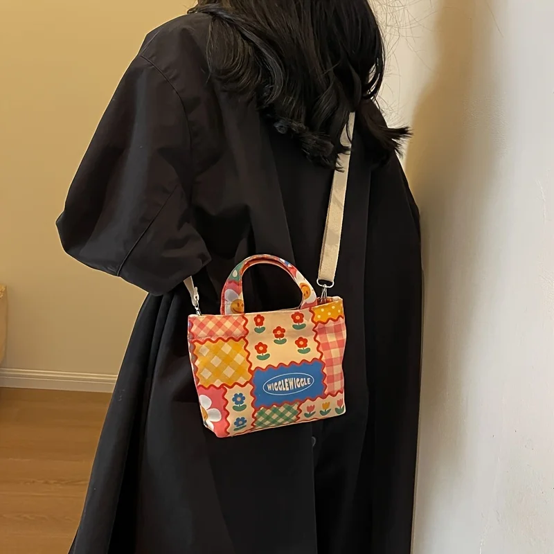 Mini Cute Canvas Crossbody Bag, Kawaii Cartoon Print Tote Shoulder Bag, Women's Fashion Handbags And Purses