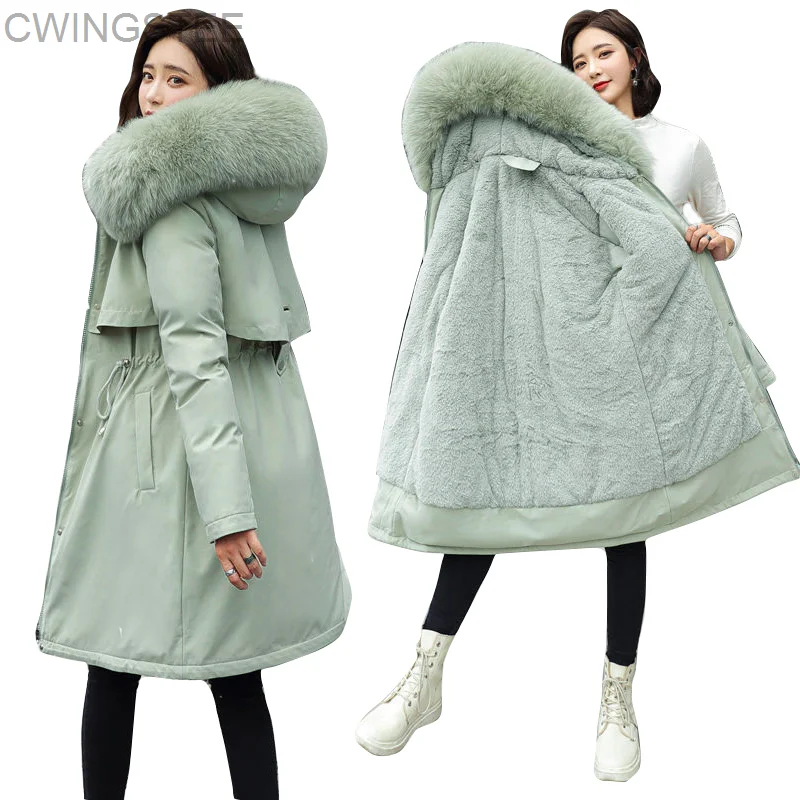 

Winter Fur Lining Warm Female Jacket New 2023 Fashion Coat Women Winter Coat Belt Women Parka Warm Hooded Winter Jacket Women