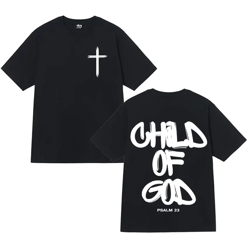 Gotteskind Doppelseitiges Kreuz T-Shirt Pinselschrift Psalm 23 Glaube Unisex Übergroßes Christliches T-Shirt Schwarz Weiß 2 Farben