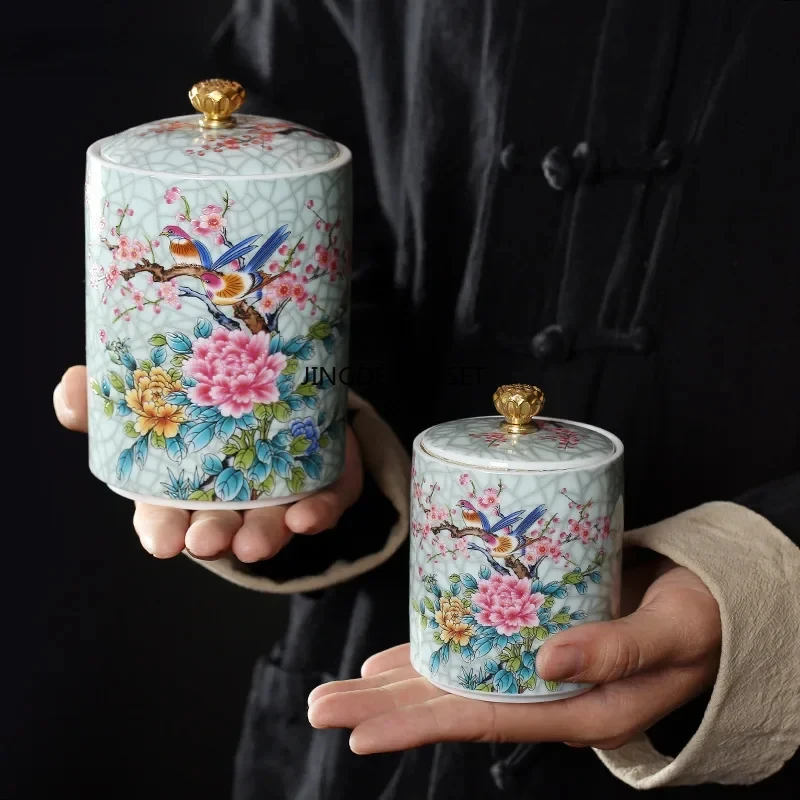 Exquisite painted flower and bird tea travel ceramic tea jar coffee bean biscuit candy sealed storage jar