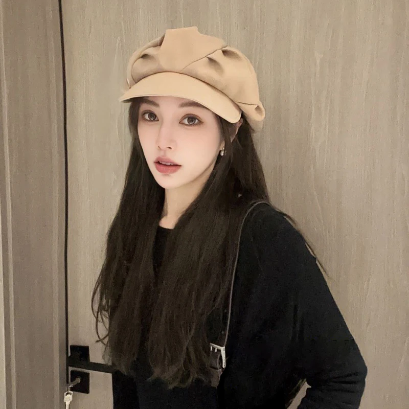 한국 베레모 모자, 플리츠 팔각형 모자, 빈티지 단색 피크 캡, 용수철 및 가을 방풍 모자, 1PC 패션