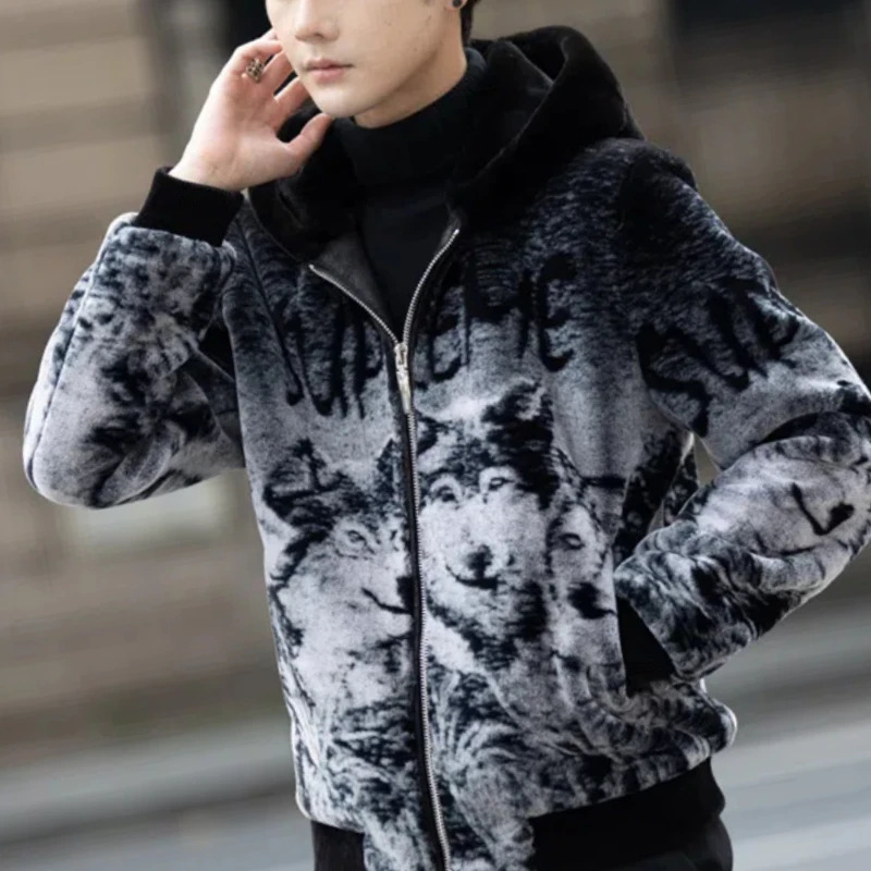 Autumn Winter New Fashion Long Sleeve Hoodies Leopard Lamb Wool Trench Men's Clothing Korean Zipper Warm All-match Trend Tops