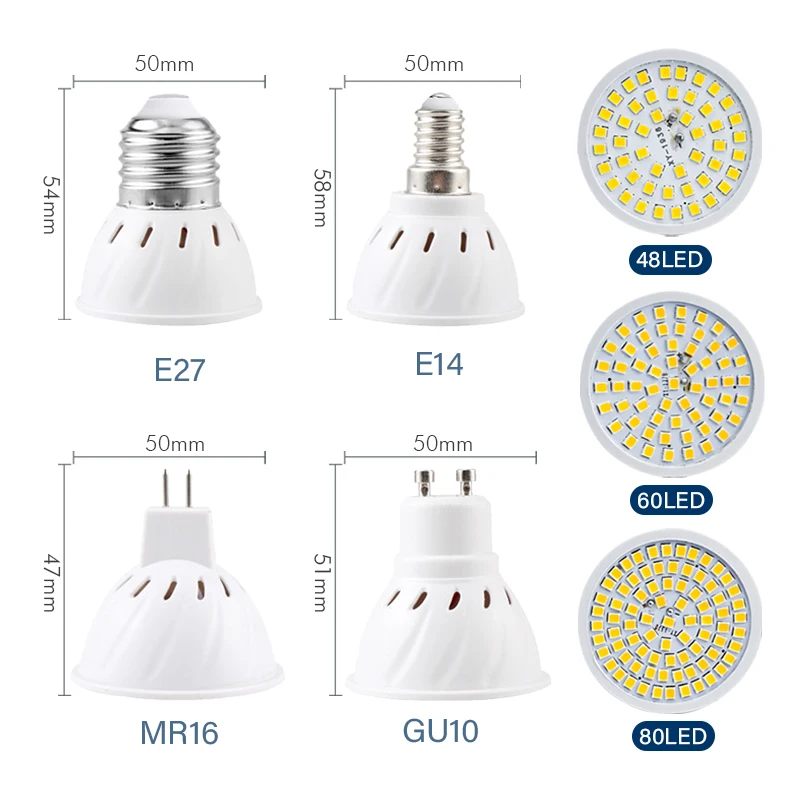 10pcs/lot E27 E14 lampada LED reflektor GU10 MR16 bombillas LED lampa střídavého 220V 110V 48 60 80leds 2835 SMD LED cibule halové osvětlení