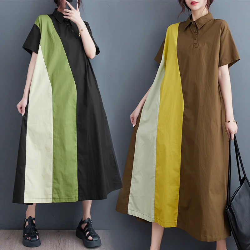 

6989 New Design Patchwork Contrasting Colors Shirts Dresses For Lady Daily Casual Loose Trendy Short Sleeve Women Lapel Dress