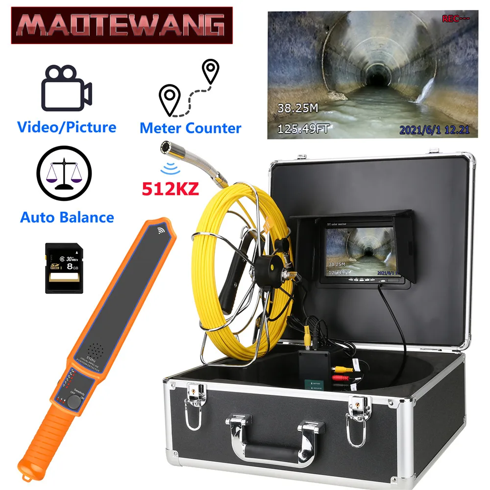 

7" Monitor DVR Sewer Pipe Inspection Video Camera with Meter Counter Auto Self Leveling 512HZ Pipe Locator 22MM IP68 HD