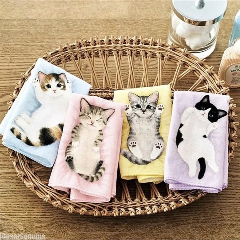 Japanese Style Portable Sweat Catty Pocket Handkerchief Square Towel Small Milk Cat Handkerchief Small Hand Towel Cat Pattern 1