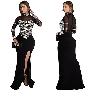 PORRCEY Women's Hot Drilling Craft Sexy Long Sleeve Mesh See Through Party Club Night Dress