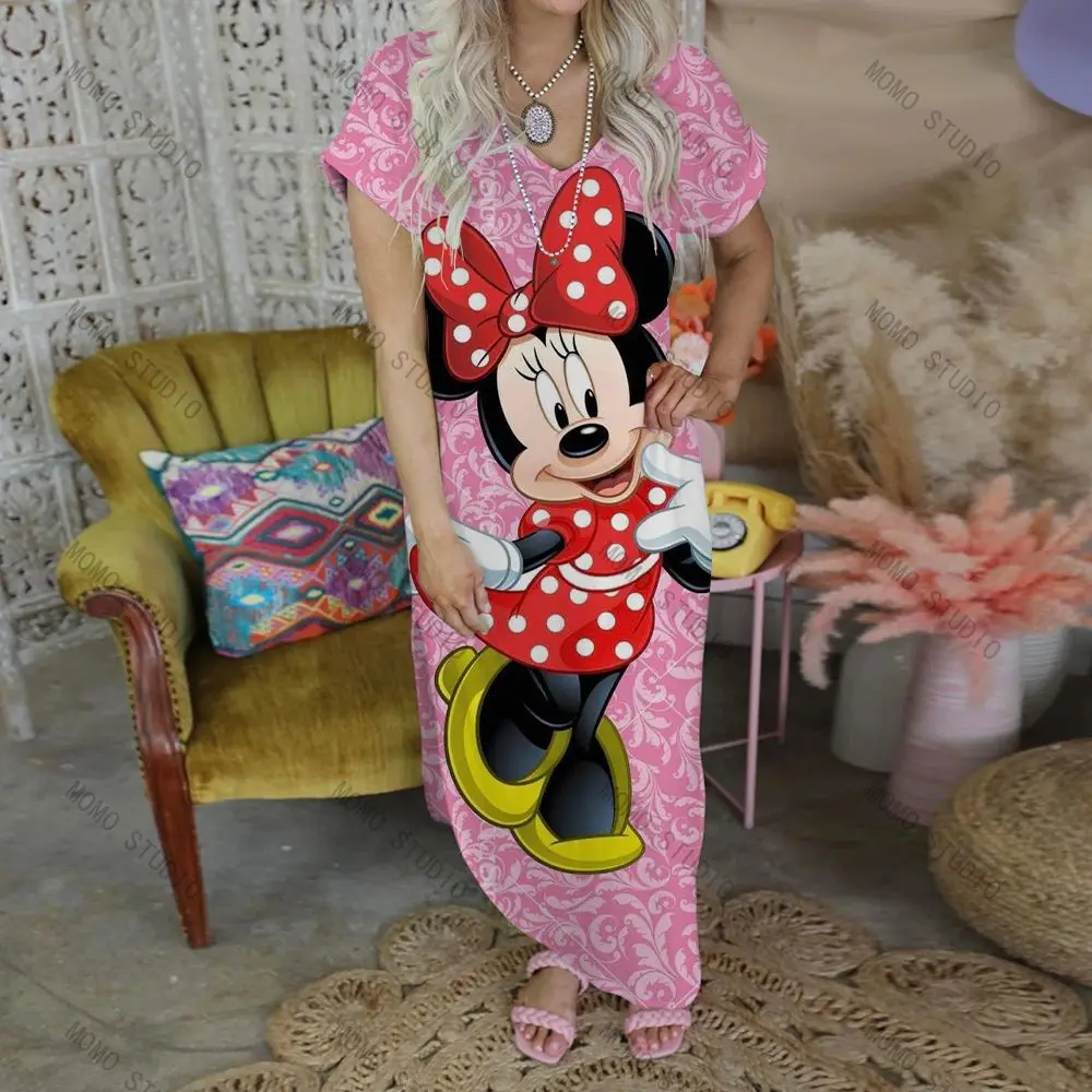 Vestidos para mulher 2022 mickey feminino vestido longo com decote em v  praia lazer casual minnie mouse verão dos desenhos animados sexy disney  robe