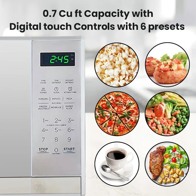 Compact countertop microwave, 0.7 cubic foot capacity, digital touch screen, one-touch button start, 6 preset cooking modes 3